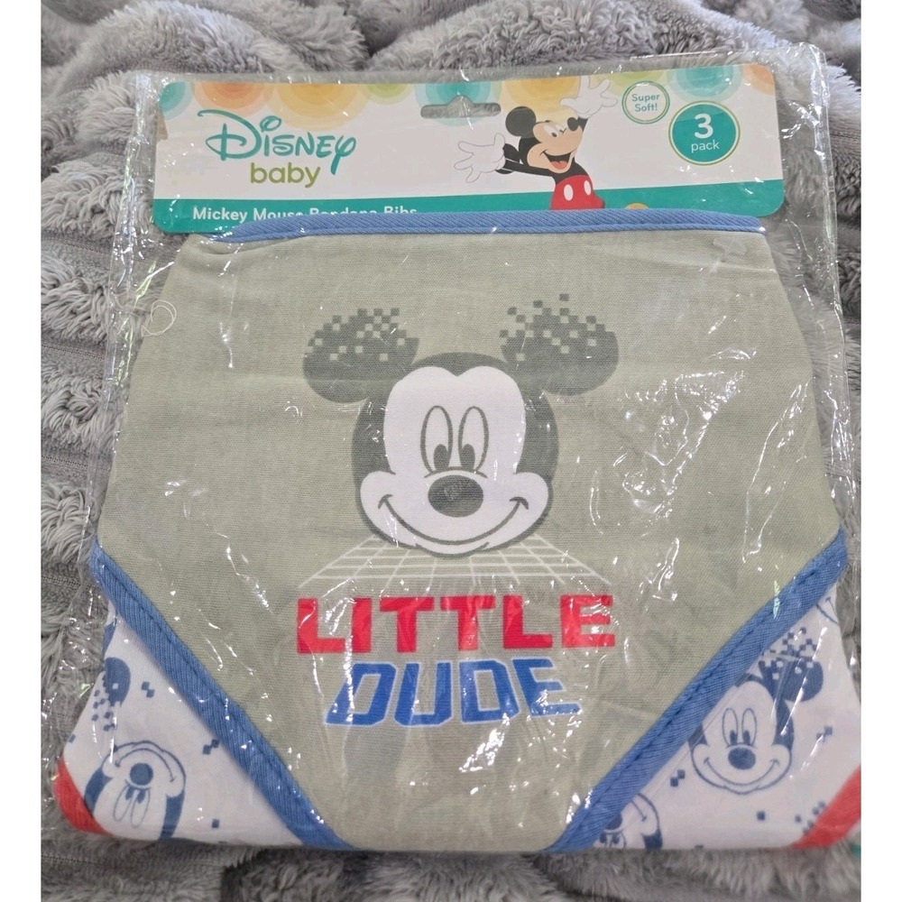 NEW Disney Mickey Mouse Bandana Bibs Drooling Teething Eating 3 Pc Set Blue Red